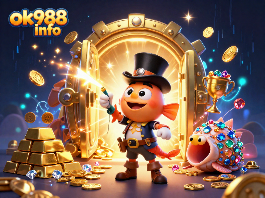 Engage with vast treasure as the anglerfish entices coins in this vibrant ok988 info illustration.