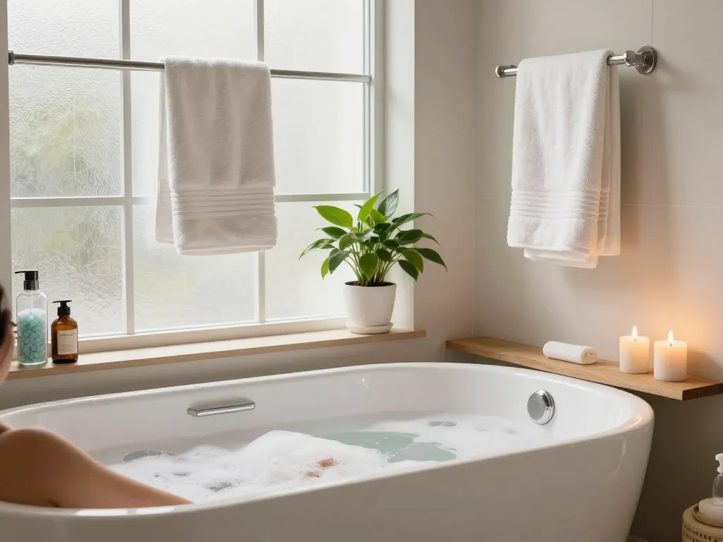Ontspannende zitbaden ervaring in een serene badkamer setting met zachte verlichting en modern decor.