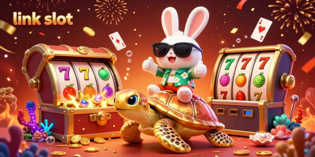 Experience thrilling jackpots with link slot, featuring a lucky rabbit and golden turtle in a vibrant casino scene.