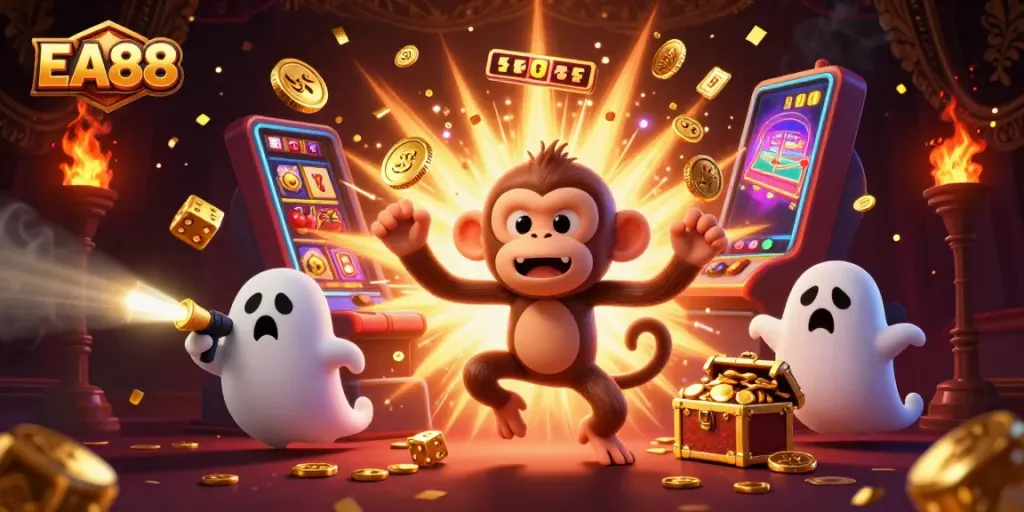 EA88 slot machine jackpot scene with playful poltergeist monkey and flashlight puppy