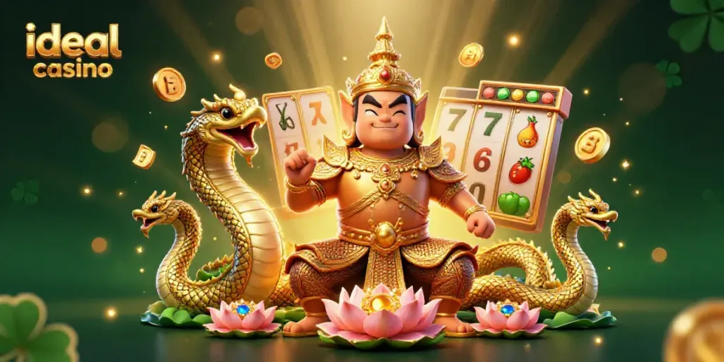 Experience thrilling gameplay at ideal casino featuring a guardian and Naga serpents with rich slot game elements.