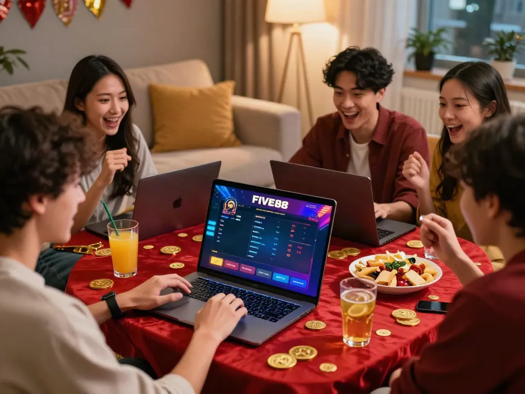 Group enjoying FIVE88 online gaming in a lively setting.