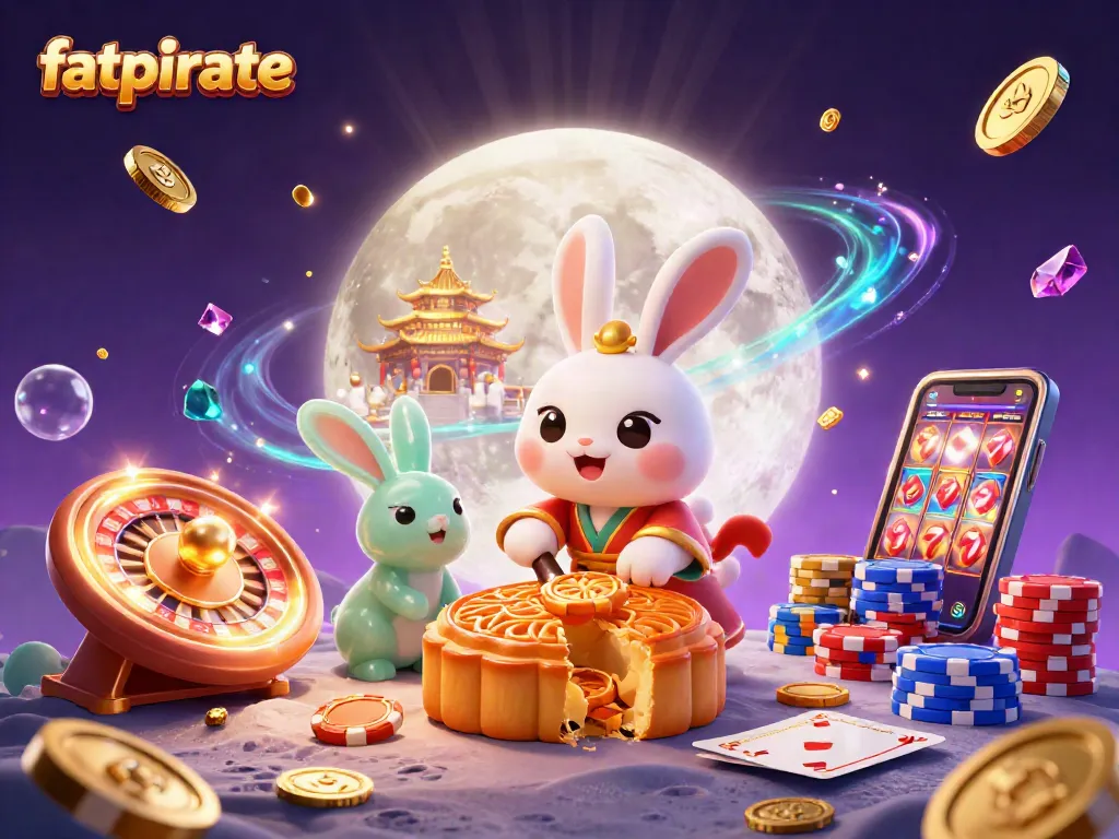 Engage with the fatpirate moon rabbit in a vibrant 3D casino scene filled with poker excitement.