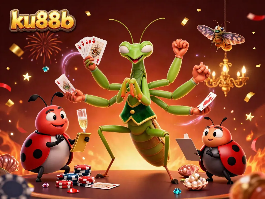 Engage in thrilling gaming action with ku88b, featuring a cartoon praying mantis card sharp and ladybug pit boss.