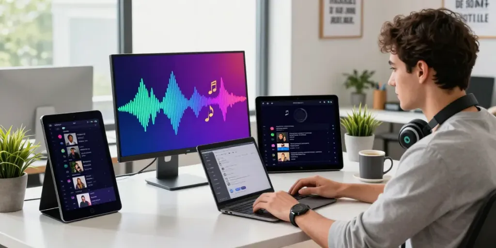 SpotiGeek user creating vibrant Spotify playlists in a modern workspace.