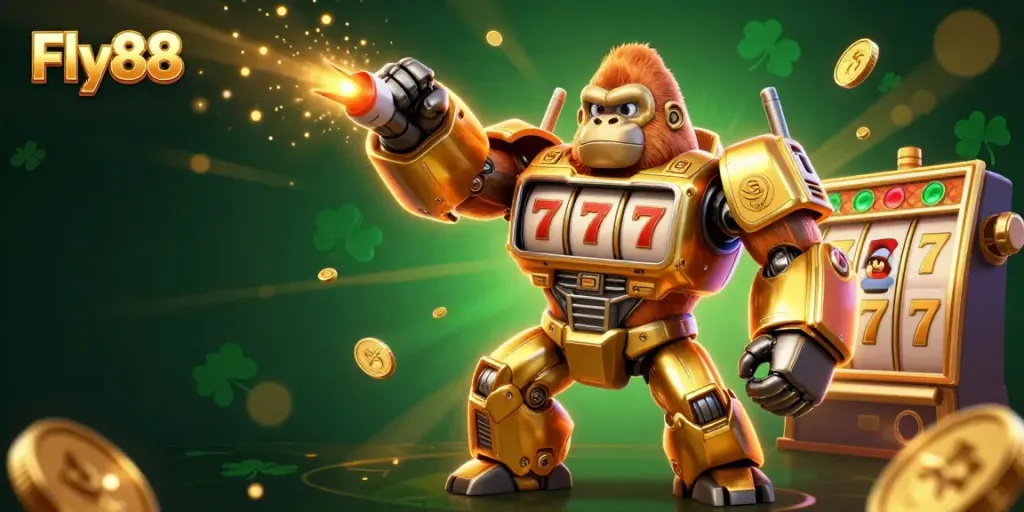 Win big with Fly88 in this vibrant 3D casino scene featuring a golden gorilla mech.
