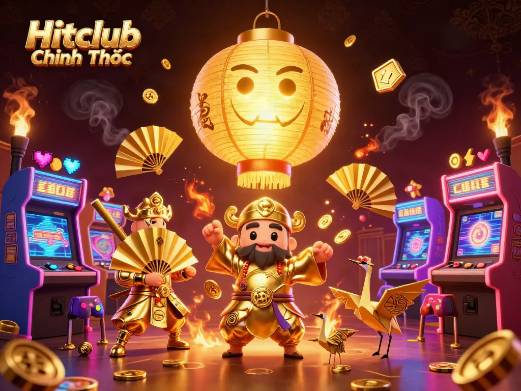 Engage with Hitclub Chính Thức's vibrant casino activities, showcasing golden lanterns and dynamic gaming elements.