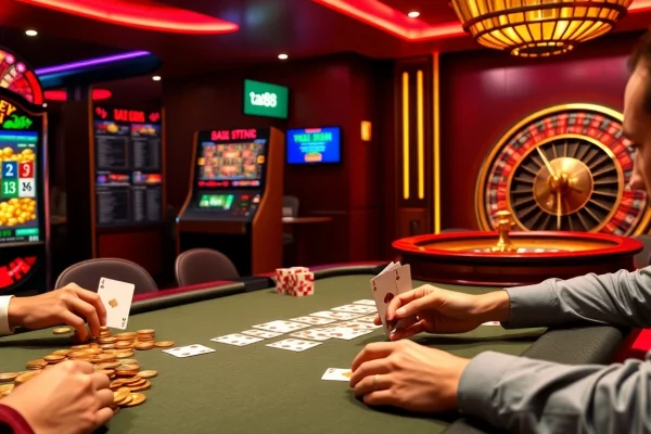 Engaging poker scene with players and vibrant ta88 casino elements, showcasing excitement in gambling.