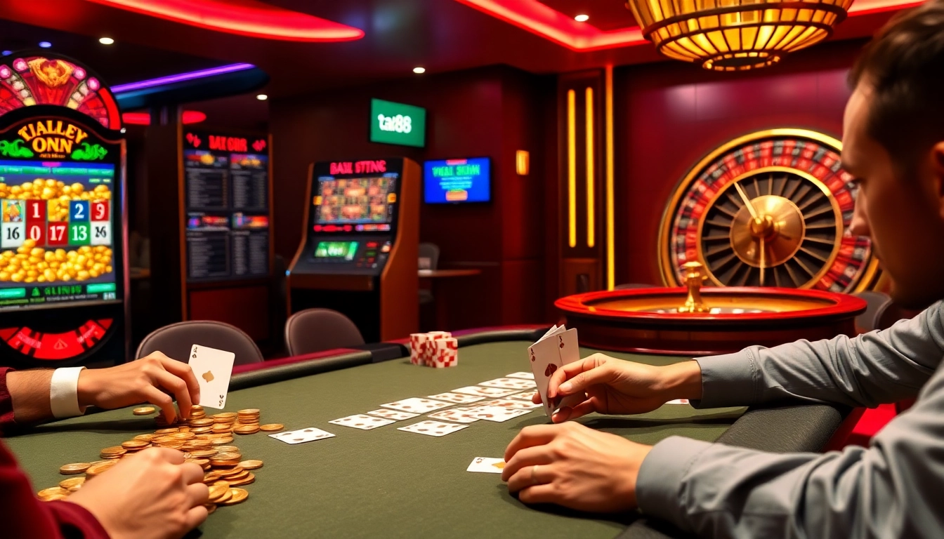 Engaging poker scene with players and vibrant ta88 casino elements, showcasing excitement in gambling.