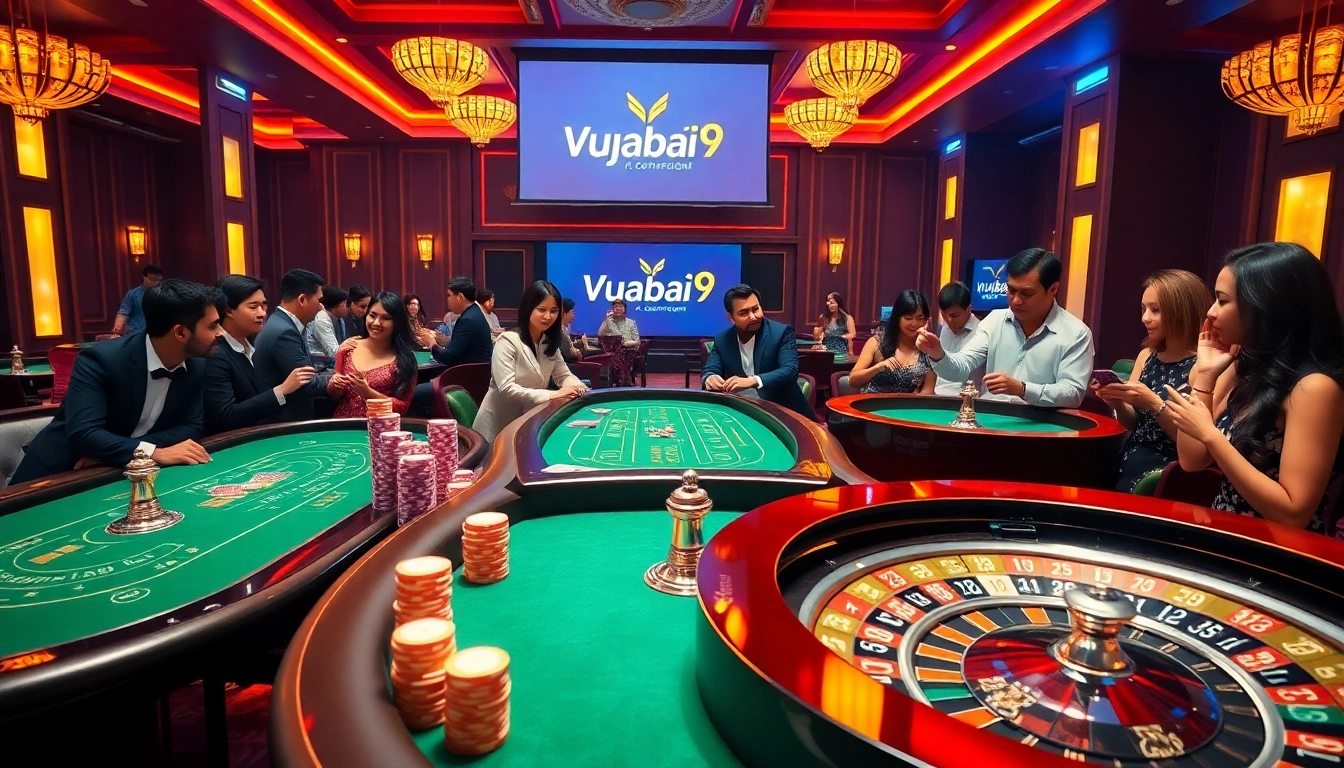 Experience the thrill of Vuabai9 with vibrant casino tables and excited players in action.