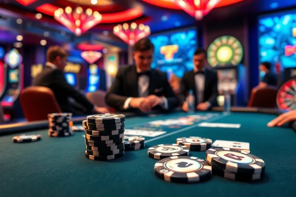 Exciting poker game at an i9bet-themed casino table with vibrant colors and professional players.