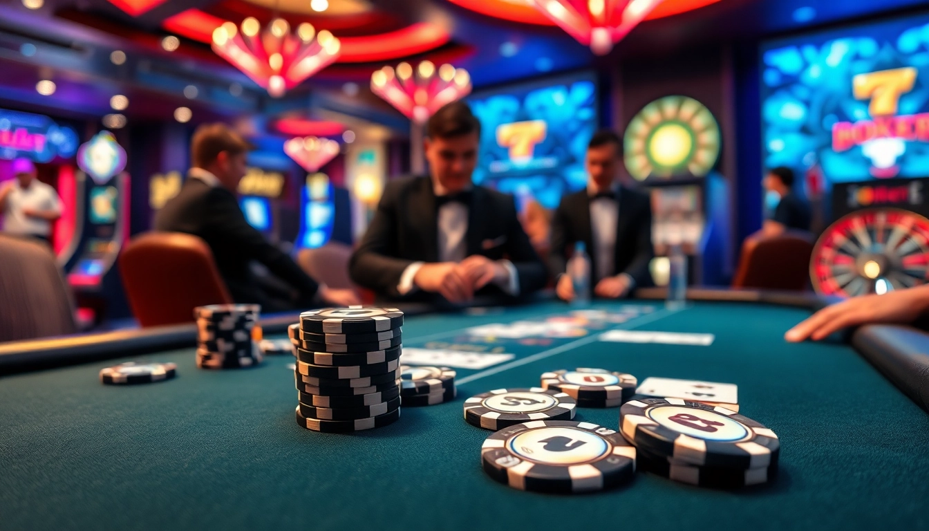 Exciting poker game at an i9bet-themed casino table with vibrant colors and professional players.