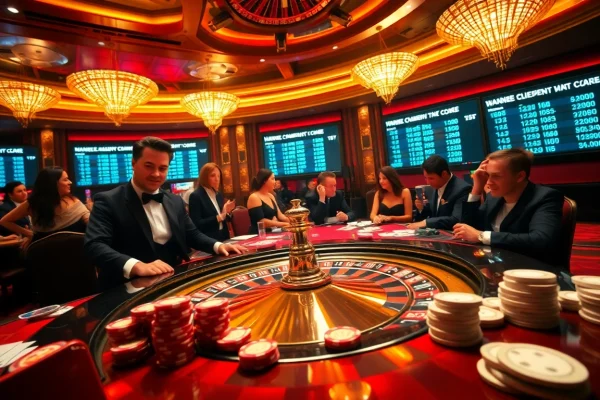 Engage with VAOBET betting excitement at a luxurious roulette table surrounded by eager players.