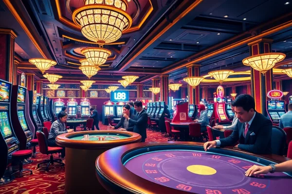 Lu88 casino players enjoying an exciting gaming experience with vibrant tables and slot machines.