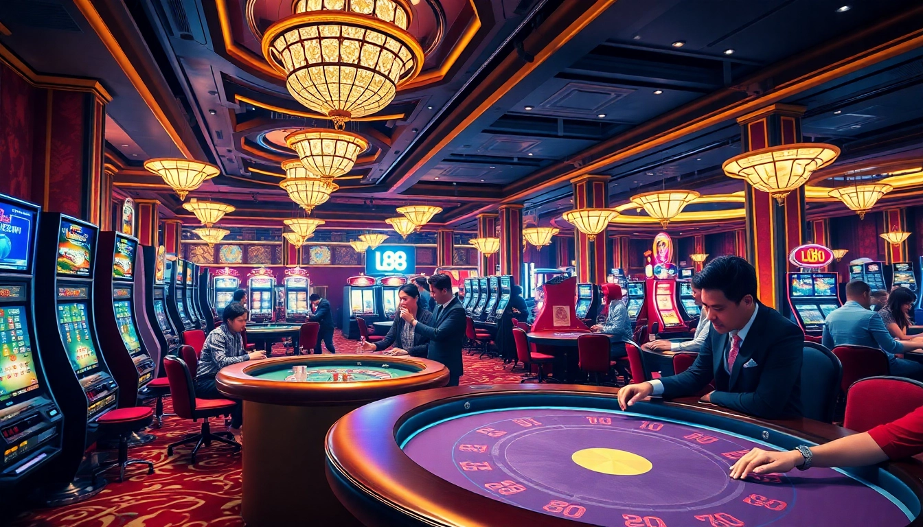 Lu88 casino players enjoying an exciting gaming experience with vibrant tables and slot machines.