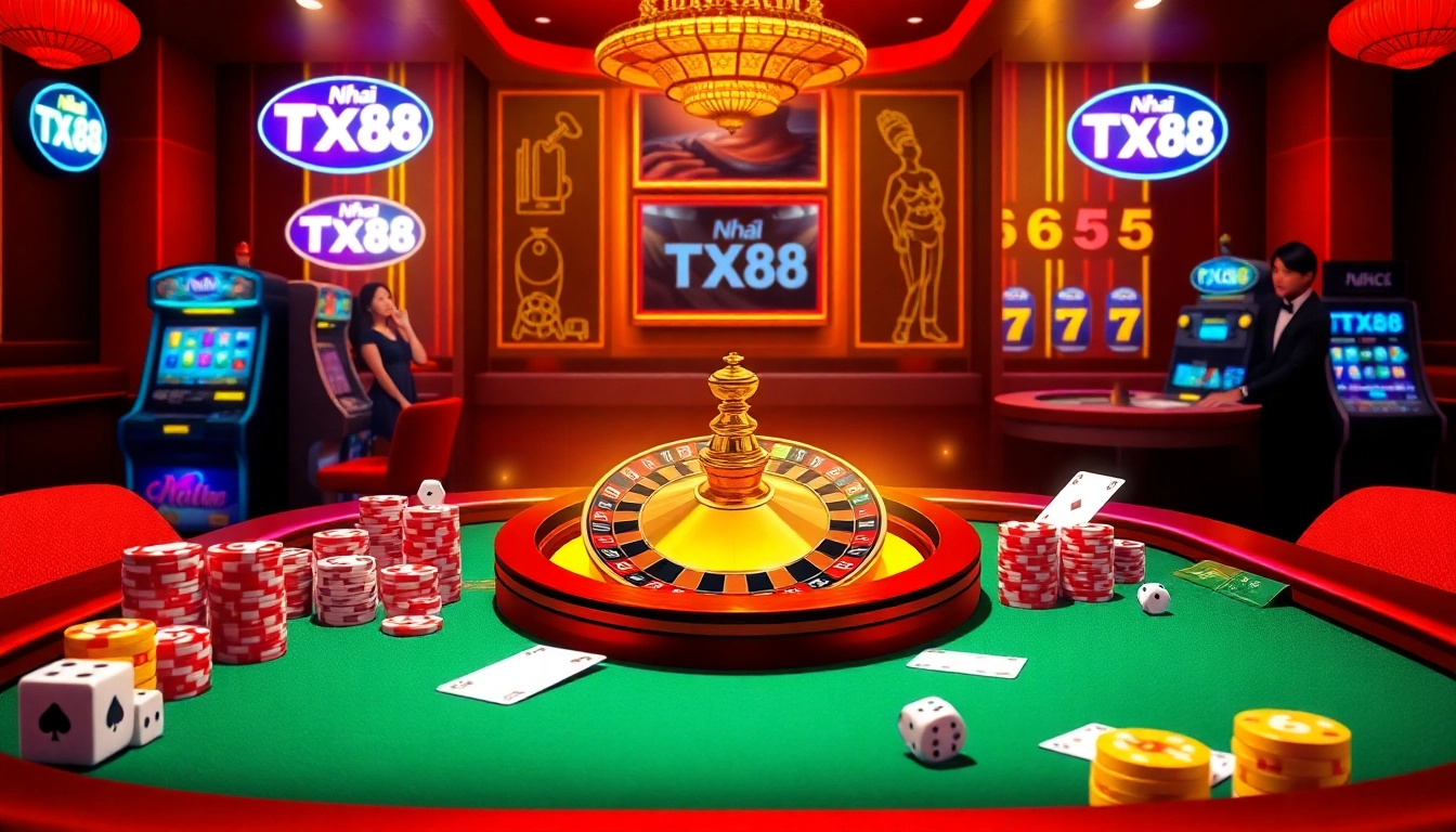 Enjoying a thrilling game of poker at Nhà Cái TX88 with vibrant casino atmosphere.