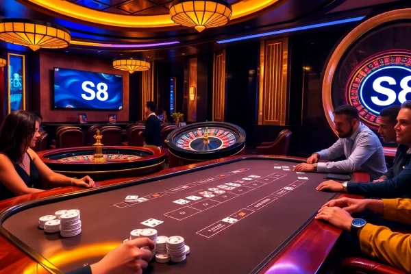 S8 showcases a sophisticated poker game atmosphere with engaged players and vibrant casino elements.