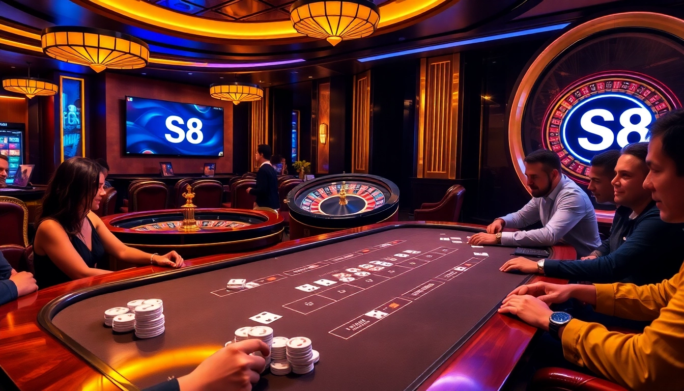S8 showcases a sophisticated poker game atmosphere with engaged players and vibrant casino elements.