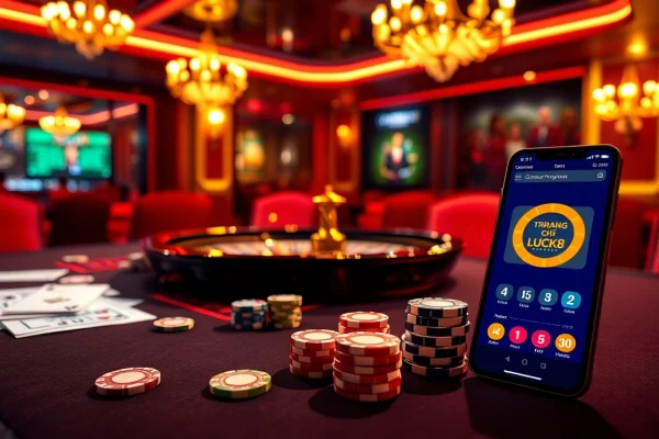 Experience TRANG CHỦ LUCK8 with an exciting casino scene featuring poker chips and a vibrant roulette table.