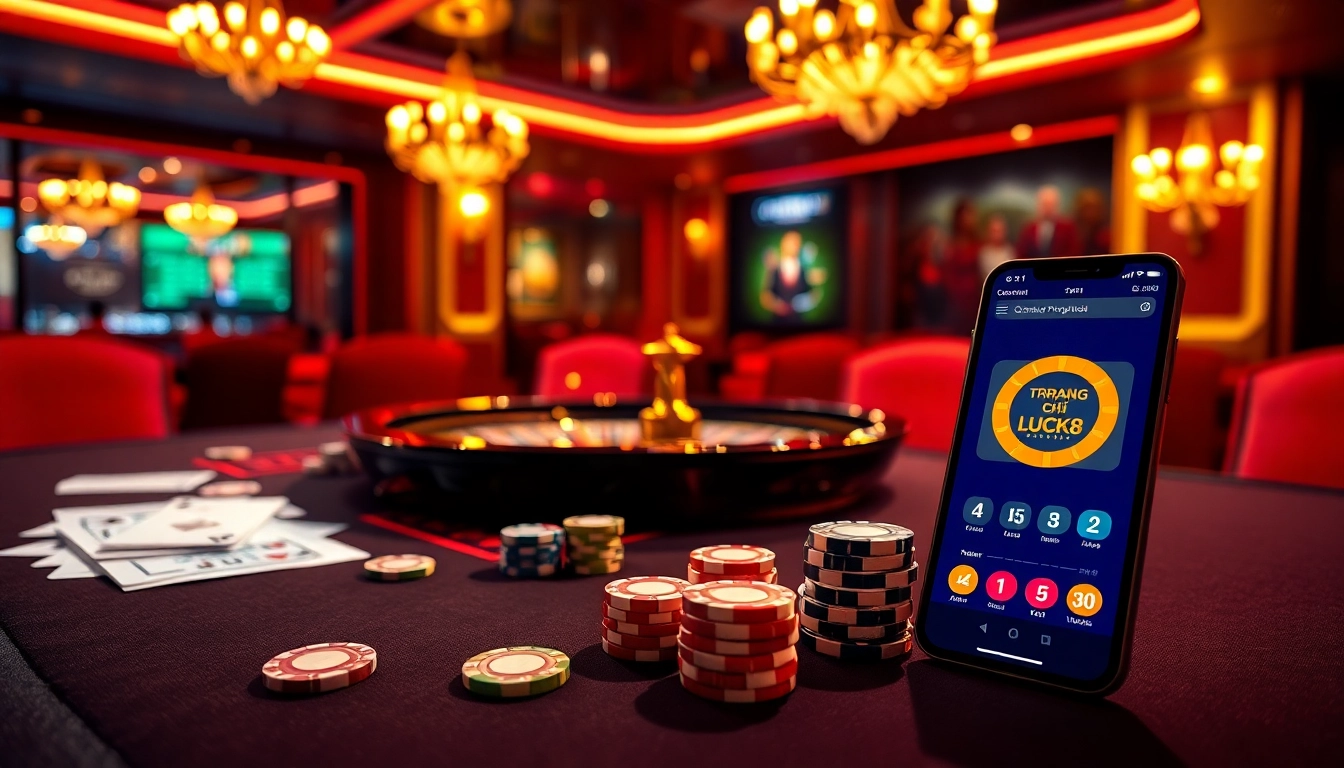 Experience TRANG CHỦ LUCK8 with an exciting casino scene featuring poker chips and a vibrant roulette table.