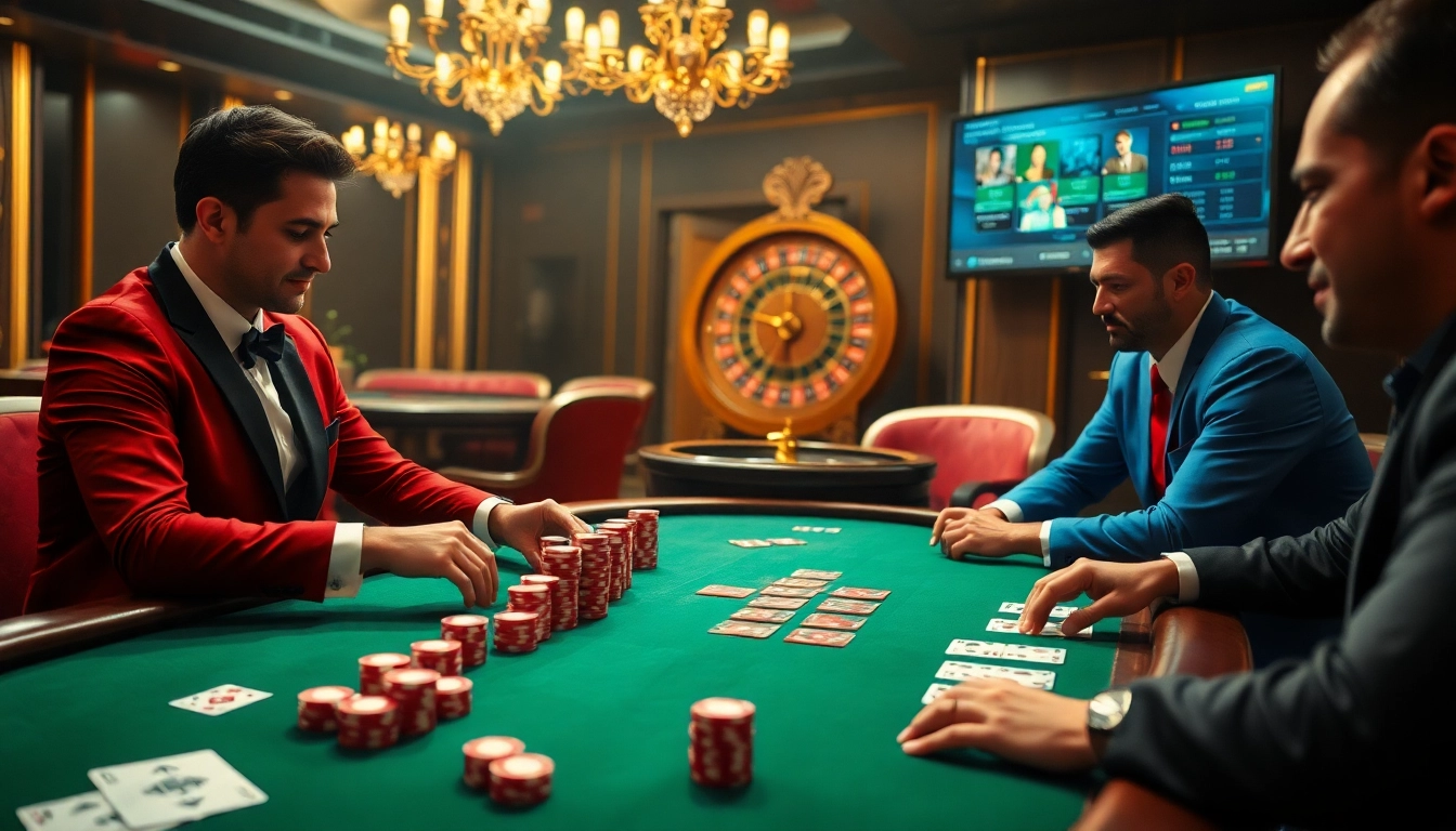 GOD55 poker players strategizing at a luxurious high-stakes casino table.