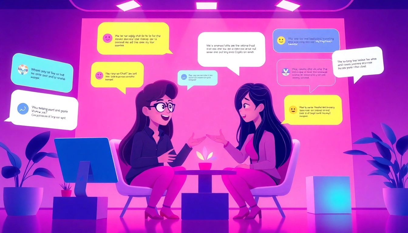 Engaging scene of animated characters in spicy chat ai virtual interactions with vibrant colors and chat bubbles.