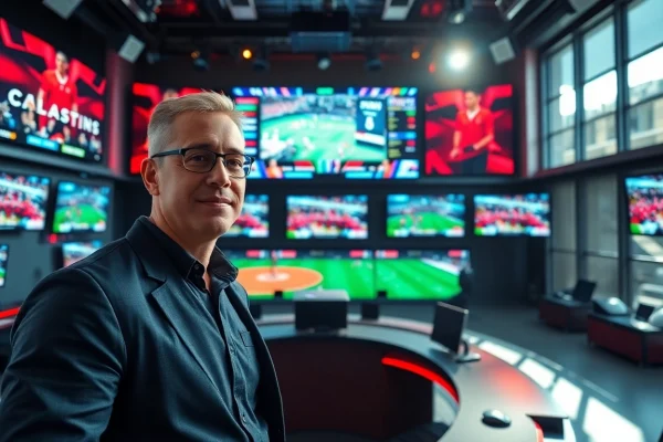 Dynamic portrayal of Sports Broadcasting in an energetic studio with live screens.