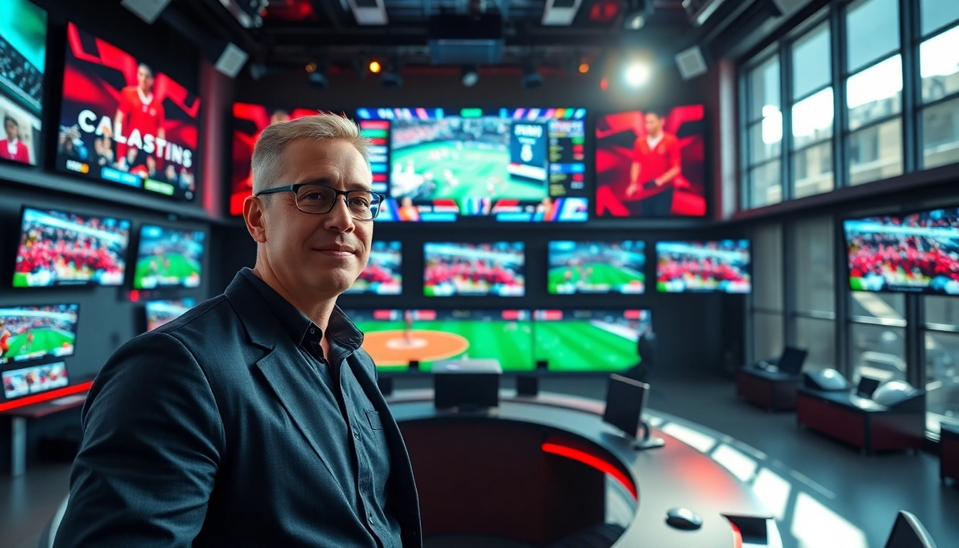 Dynamic portrayal of Sports Broadcasting in an energetic studio with live screens.