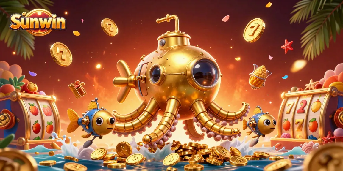 Experience exciting slots with Sunwin’s golden kraken submarine illustration filled with treasures.