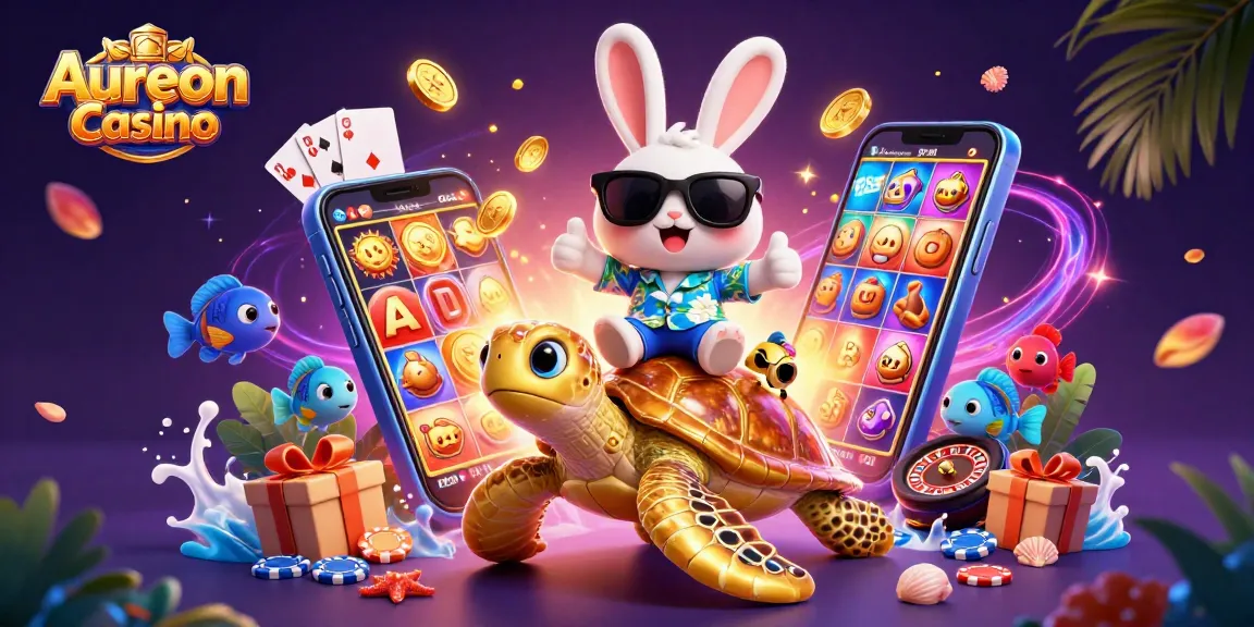 Aureon Casino showcases an enchanting scene with a lucky rabbit and a sea turtle surrounded by thrilling casino elements.