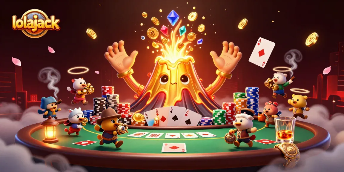 Experience the thrilling action of lolajack with a vibrant showcase of poker tables, cascading coins, and a playful volcano.