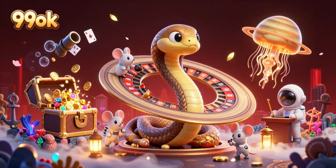 Spin the roulette wheel with 99ok's cosmic casino characters in a dazzling cosmic scene.