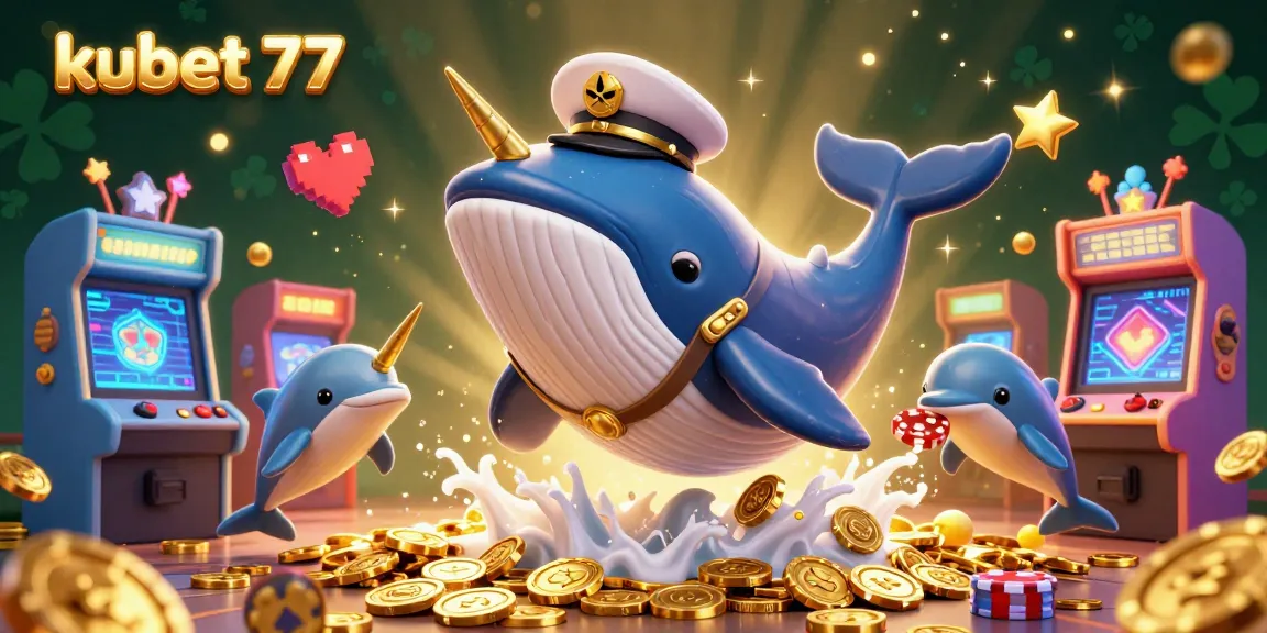 Experience the excitement of kubet 77 casino with a playful scene of a whale, narwhal, and dolphins among glowing gaming elements.