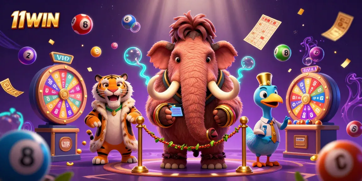 Experience the thrilling world of 11WIN as colorful lottery balls and golden bingo cards animate a lively casino scene.