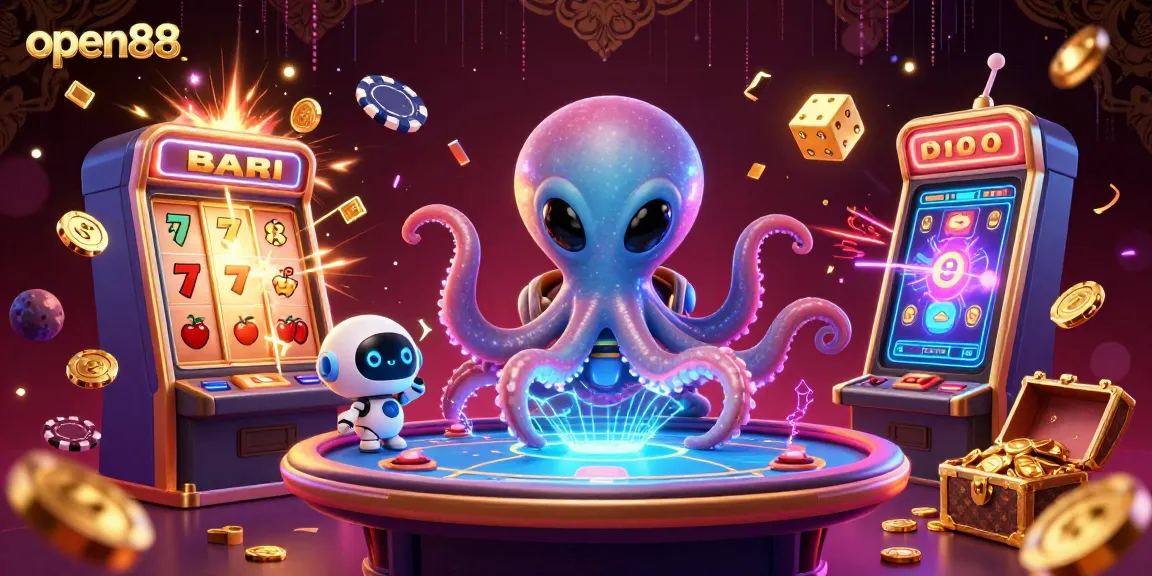 Experience thrilling gameplay with open88's vibrant 3D casino scene featuring an alien octopus and a robot.