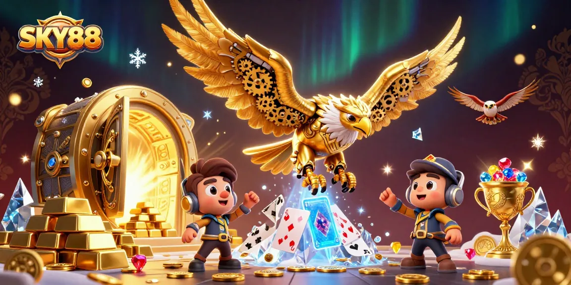 Experience thrilling entertainment with SKY88 as the cybernetic eagle dives through holographic cards.