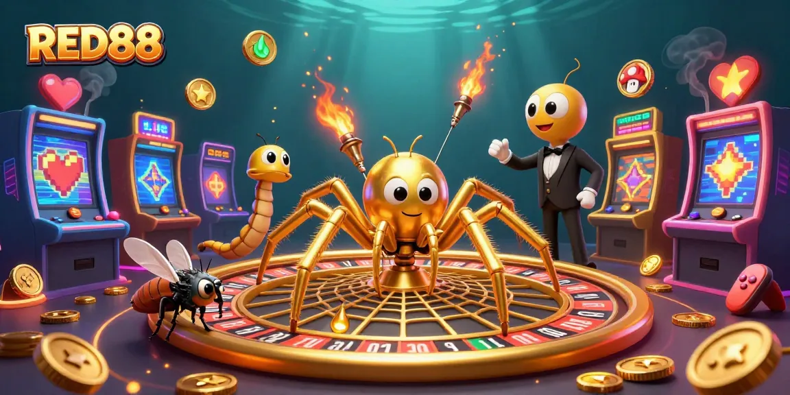 Engage in thrilling gameplay at RED88 with golden spider and roulette-themed web in a vibrant casino scene.