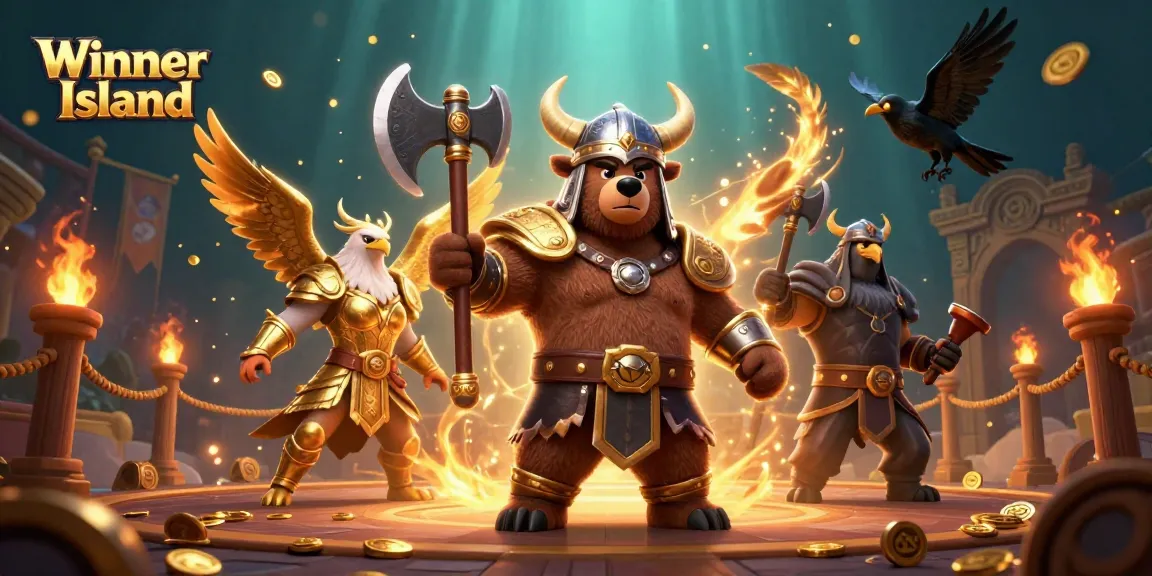 Experience high-stakes gaming action at Winner Island, featuring dynamic bear and eagle characters in a vibrant casino scene.