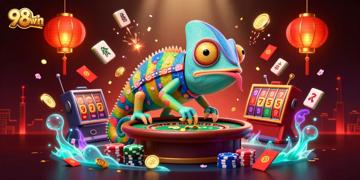 Engage with the thrill of 98win in this vibrant 3D casino scene featuring games and celebration.