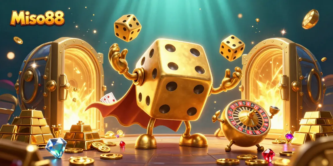 Experience thrilling gaming at Miso88 with golden dice and colorful treasures in a vibrant casino scene.