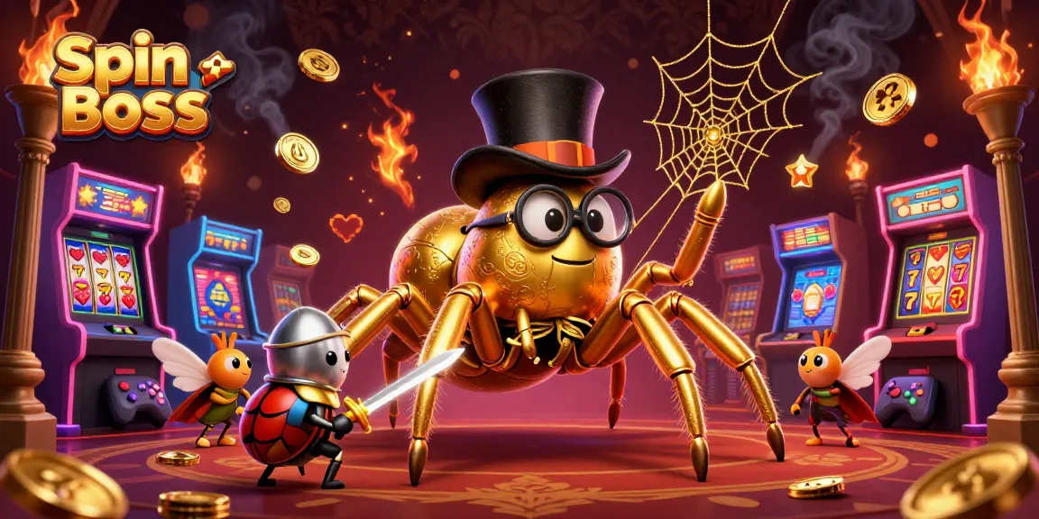 Engage with thrilling games at Spin Boss Casino, featuring a golden tarantula and colorful slot reels.
