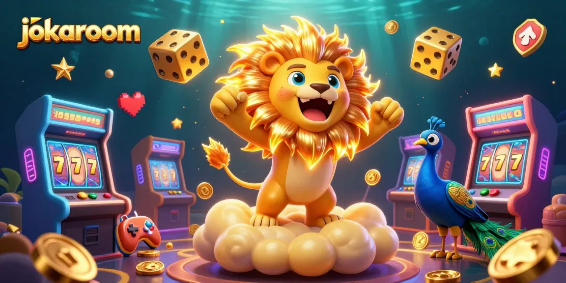 Experience thrilling slots action with jokaroom's vibrant casino illustration showcasing a roaring lion and dynamic gaming elements.