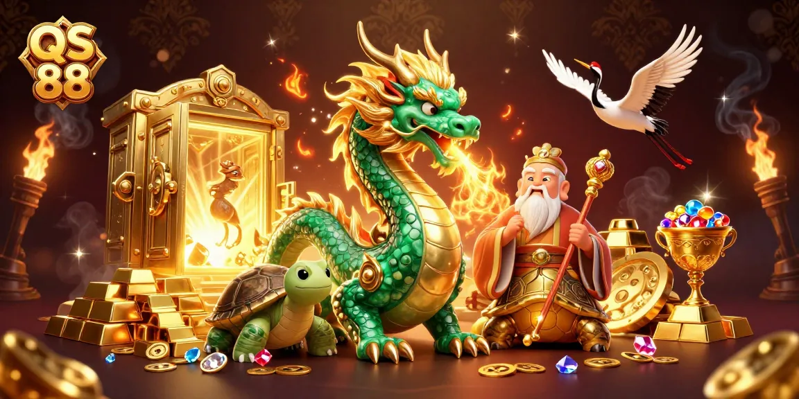 Engage with QS 88's gaming excitement featuring a dragon, turtle sage, and lucky cranes in a treasure-filled scene.
