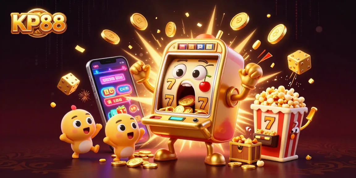 Experience the excitement of KP88 with a dynamic 3D illustration of a golden slot machine celebrating its jackpot!