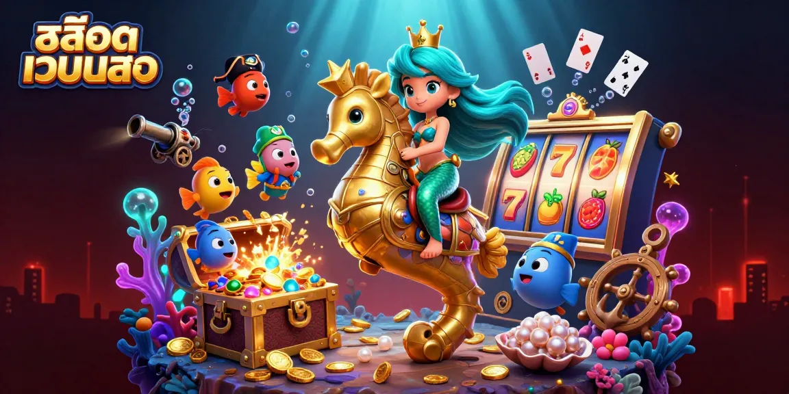 Engaging illustration of a mermaid princess with slot machine elements in a vibrant undersea world, emphasizing สล็อตเว็บตรง.