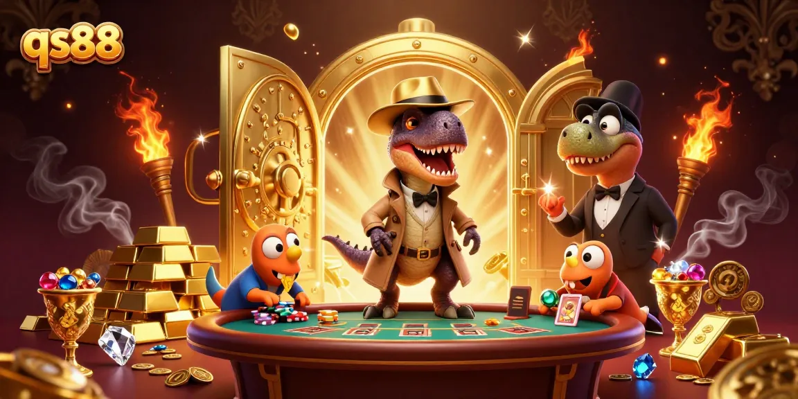 Place your bets at qs88 with a cartoon velociraptor card counter amidst gold and gems.