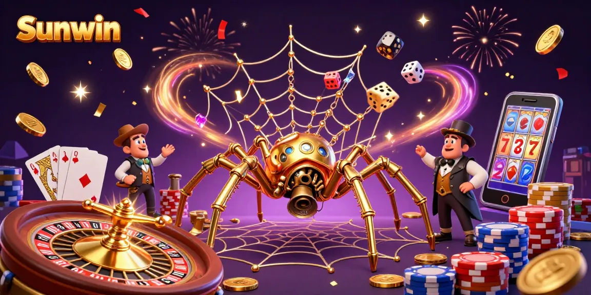 Engage with Sunwin's vibrant world of gaming, showcasing a steampunk spider amidst golden riches and lively casino elements.