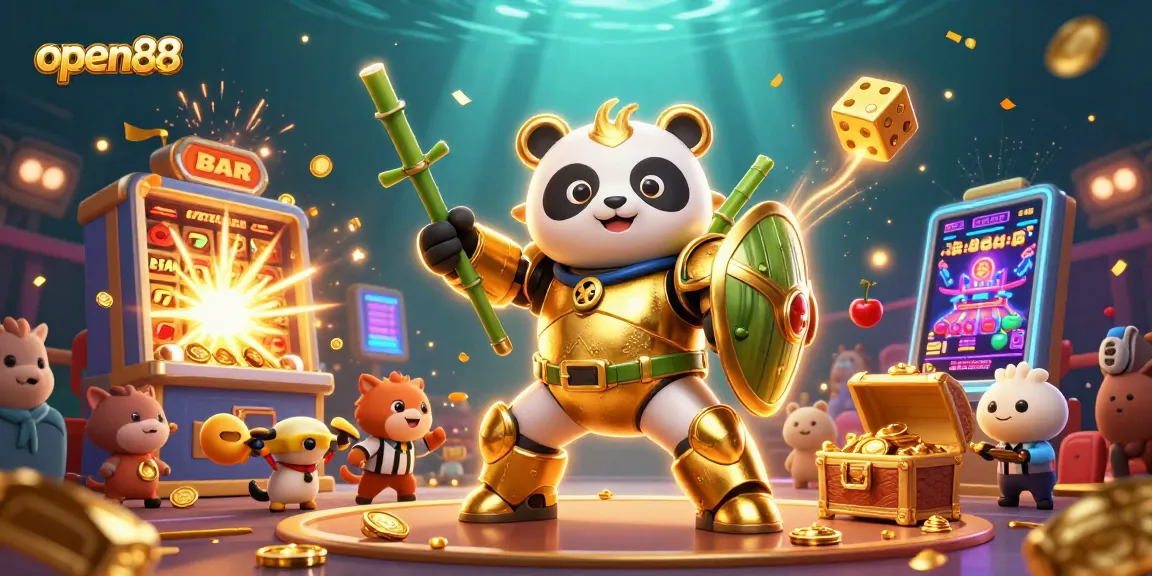 Experience the excitement of open88 with a dynamic 3D cartoon illustration featuring a golden panda robot in a vibrant casino