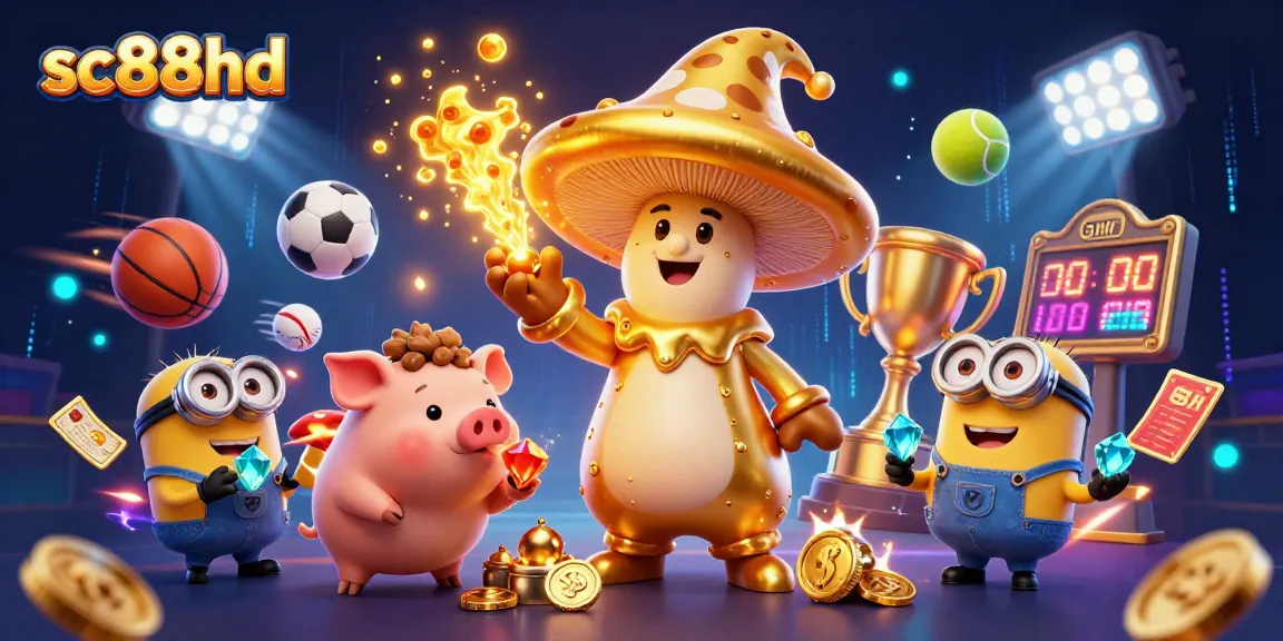 Engage with sc88hd's vibrant casino scene featuring a golden wizard, treasure, and dynamic sports elements.