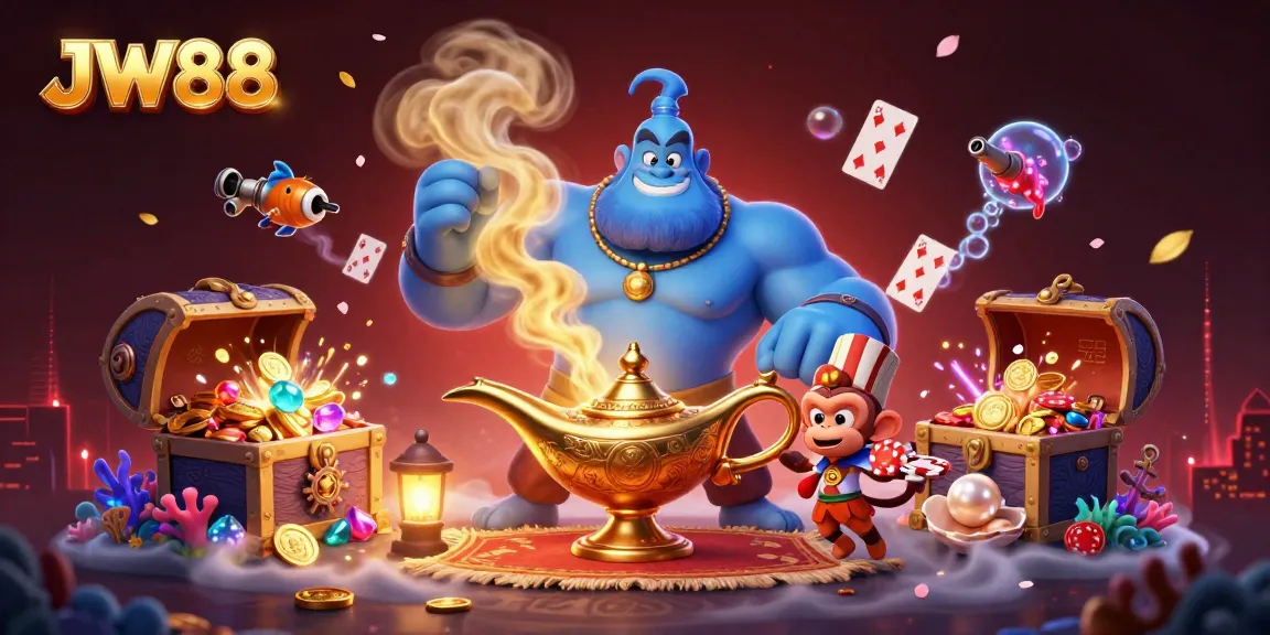 Experience the vibrant JW88 casino scene with a genie, treasures, and poker chips.